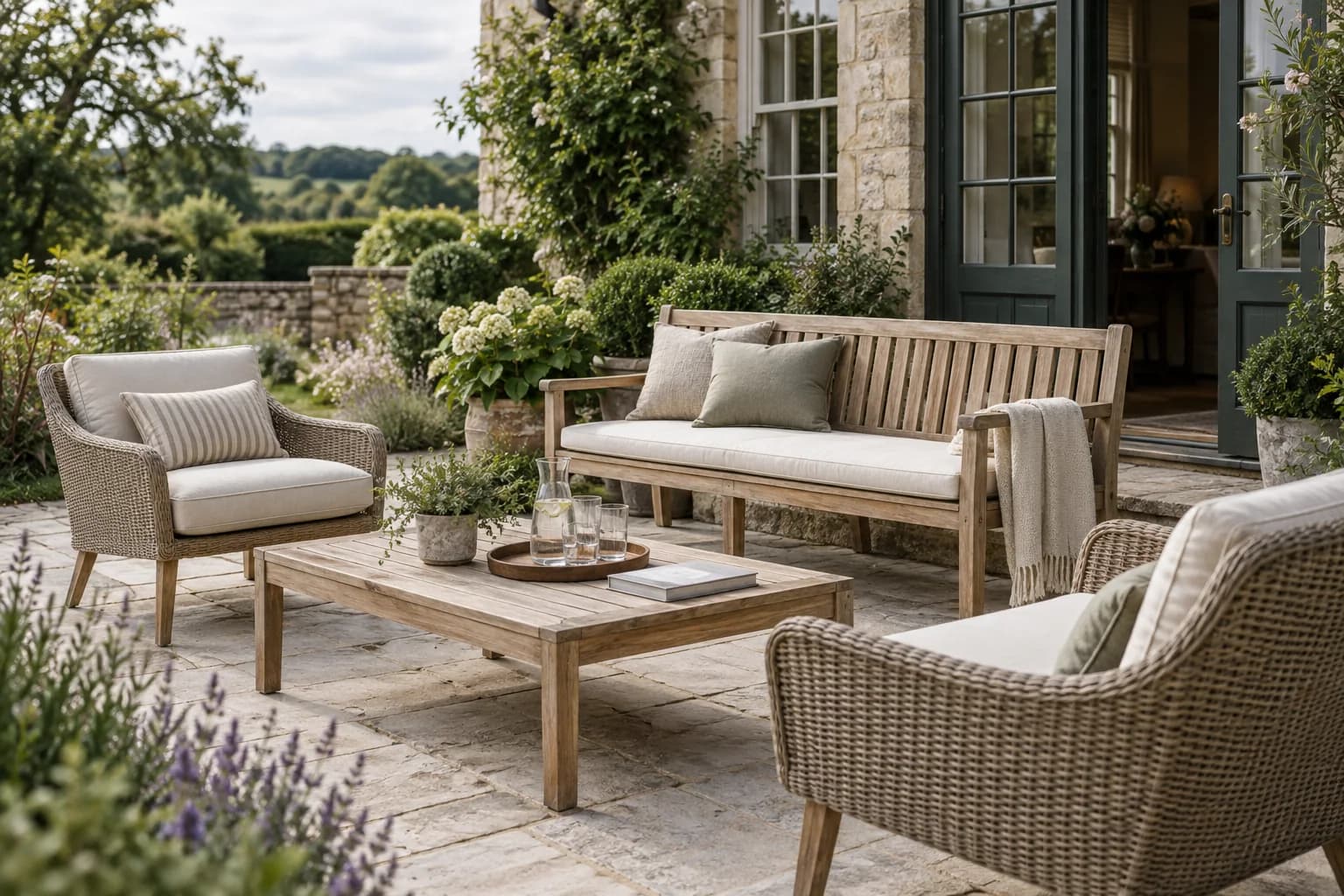 Clean teak and woven garden furniture on a stone terrace